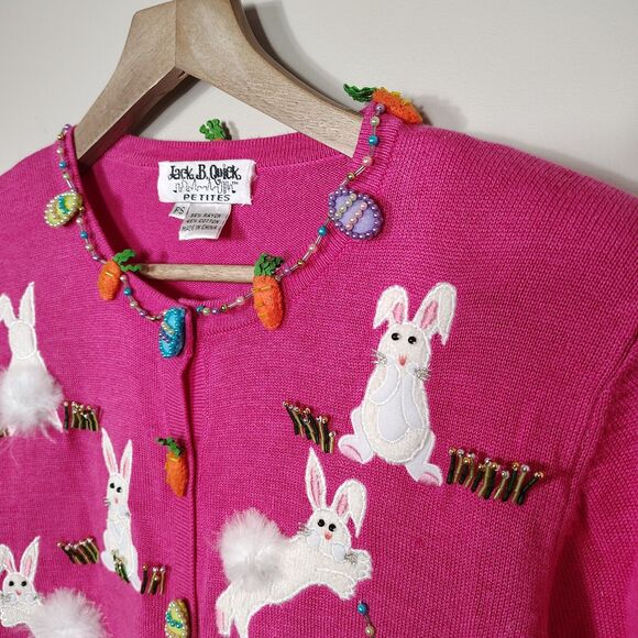 Vtg Jack B. Quick Bunny Rabbit Easter Eggs Cardigan Womens Bright Beaded Small P - Picture 3 of 9